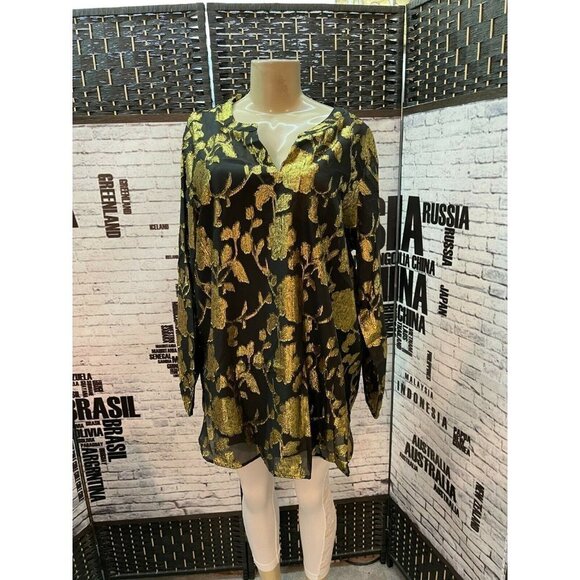 Jessica London 22 Black Floral Sheer Gold Metallic Long Sleeve Top- 2 PC - Picture 1 of 7
